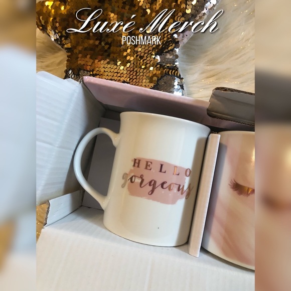 ☕️2 Piece Coffee Mug Set - Hello Gorgeous and Eyelashes Pink/White/Rose Gold ☕️ - Picture 4 of 5